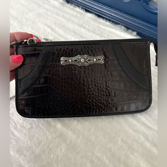 Brighton Black Croc-Embossed Crossbody Clutch with Silver Accent - Picture 1 of 6